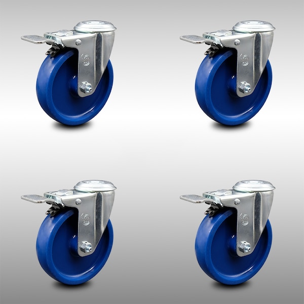5 Inch SS Solid Polyurethane Swivel Bolt Hole Caster Set with Total Lock Brake